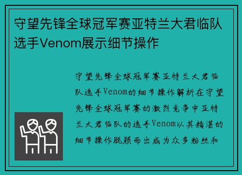 守望先锋全球冠军赛亚特兰大君临队选手Venom展示细节操作